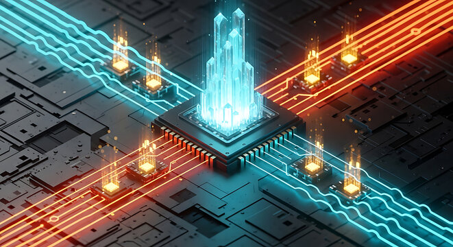 detailed isometric perspective of a microchip with glowing blue and orange circuitry high quality
