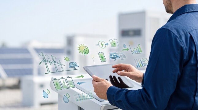Engineer monitoring renewable energy systems on solar panels roof, analyzing power generation data and battery storage levels via tablet with eco-friendly icons.