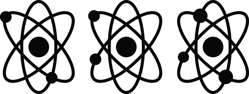 Three stylized atomic models with central nucleus and orbiting electrons displayed in a row on a white background
