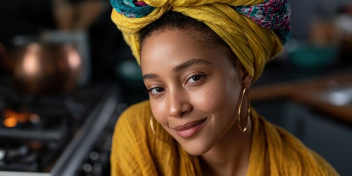 Young woman wearing head wrap smiling in home kitchen