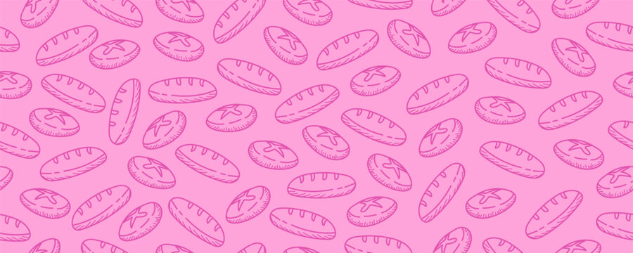 Pink bread background. Bakery seamless pattern background. Hand drawn round loaf motif wallpaper. Bake shop backdrop or food wrapper