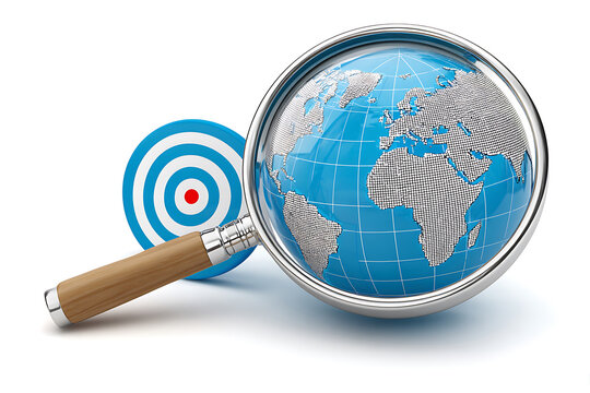 Strategic Global Focus: Magnifying Glass on a Dotted Earth with a Bullseye Target