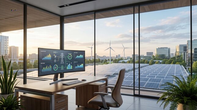 Modern office with large windows overlooking solar panels and wind turbines, monitor displays green energy data charts and graphs for sustainable power management and eco-friendly