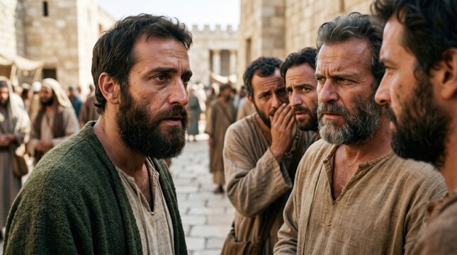Saul arrives in Jerusalem and meets disciples who doubt and fear him. Biblical scene from Acts 9:26. Ancient middle eastern men gathering in city street. Religious historical drama.