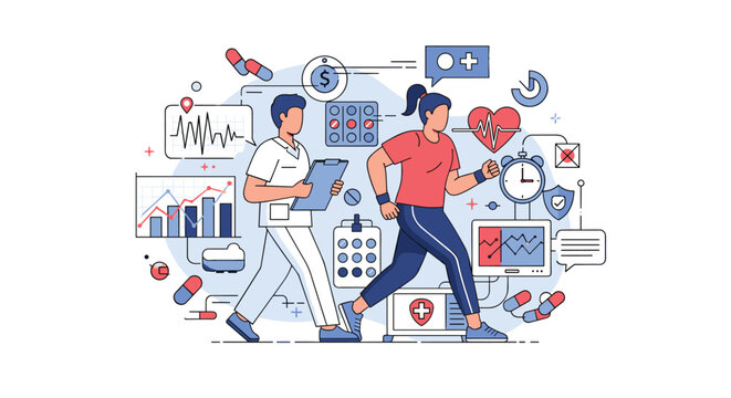 Medical professional monitoring the health vitals of an athlete running on a treadmill with various fitness and healthcare icons around.