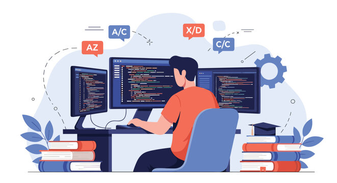 Dedicated male student learning programming while sitting at a desk with multiple monitors showing code and stacks of academic books.