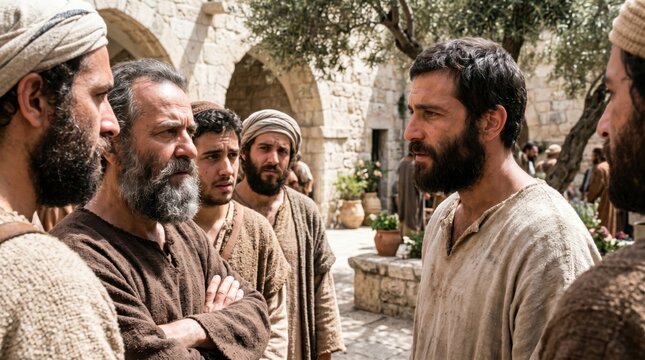 Saul arriving in Jerusalem and meeting ancient disciples. Biblical scene depicting fear and distrust of the newcomer by followers of Jesus. Historical religious reenactment, Acts 9:26.
