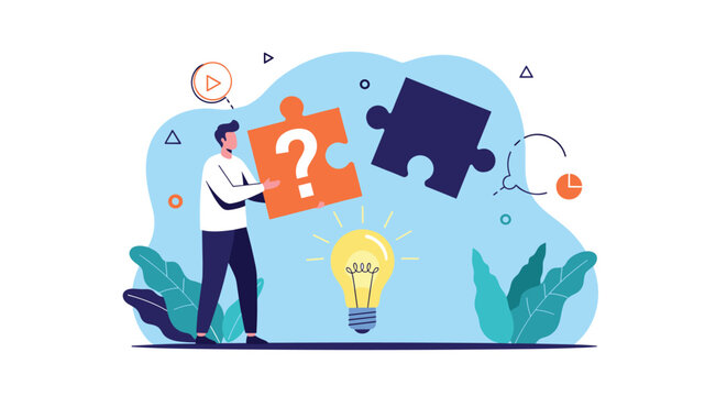 Innovation and problem solving concept featuring a person holding a puzzle piece next to a bright lightbulb idea icon.