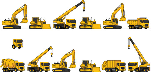 Construction vehicle set with excavator bulldozer crane truck dump truck and concrete mixer heavy machinery vector illustration © Farzana