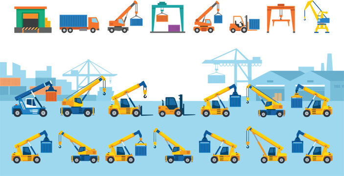 Container port logistics and construction machinery set with cranes forklifts trucks and cargo handling equipment flat vector illustration