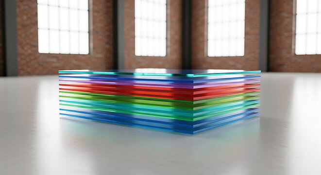 Stack of colorful translucent acrylic sheets, material sample, layered construction, industrial interior with large windows, modern material science and design