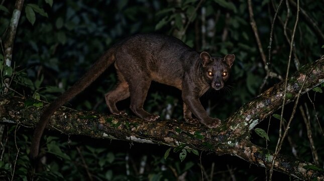 Kinkajou walking along a tree branch in the dark jungle.