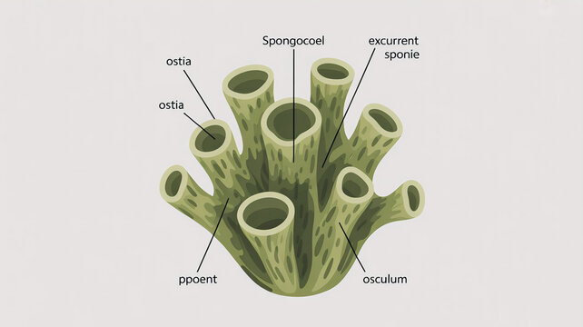 Labeled scientific illustration of Spongilla freshwater sponge showing ostia osculum and spongocoel in clear textbook style with flat colors for easy biology learning and visual understanding