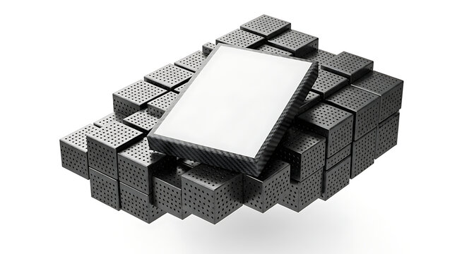 Stack of metallic dice with a blank white square on top, representing chance, luck, and decision making, abstract composition