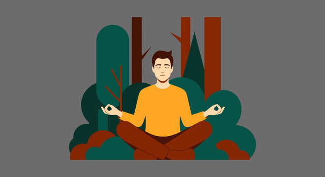 man meditating in nature with trees and foliage around