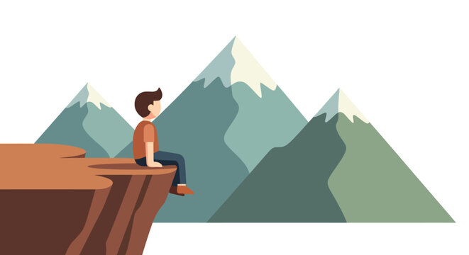 person sitting on cliff edge looking at mountains landscape