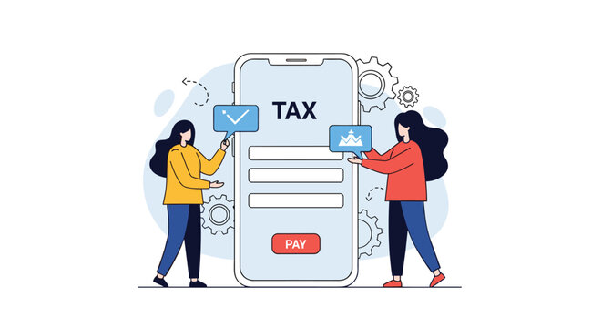 Modern women using a mobile banking application on a large smartphone to easily pay their taxes and manage financial obligations.