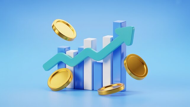 Conceptual illustration of financial growth depicted with a rising arrow and gold coins on a blue background