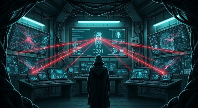Person standing in futuristic control room.
