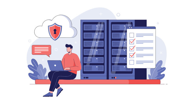 Data center administrator sitting near server racks while managing security protocols and a maintenance checklist on his laptop.