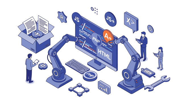 Automated software engineering concept showing robotic arms assembling blocks of code on a large monitor for rapid development.
