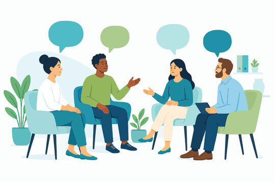 Diverse people having open conversation with speech bubbles active listening in office, workplace communication concept, flat illustration