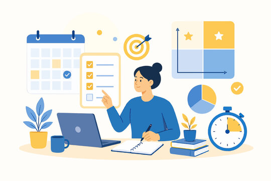 Person organizing tasks with calendar checklist timer and priority matrix, productivity and time management concept, flat illustration