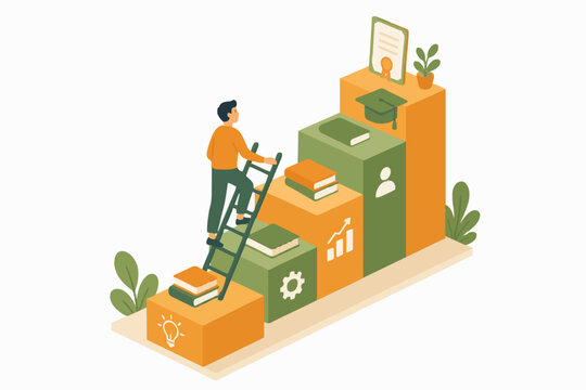 Person climbing ladder of skills with books certificates and progress arrows, upskilling learning and professional development concept, flat illustration