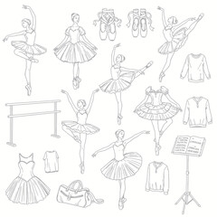 Ballet Dancers, Tutus, Pointe Shoes, Barre, Music Stand, Dancewear Line Art © daun