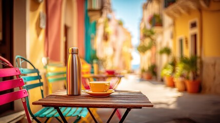 Obraz premium Spring Summer outdoor leisure relaxation activity. A vivid, sunlit street scene in a European town. The main subject is a wooden table with a yellow cup and saucer.