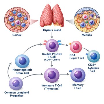 Medical Illustration of T-Cell Development and Maturation Process in Thymus Gland