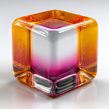 Modern transparent glass cube yellow liquid apple style logo futuristic design object Images