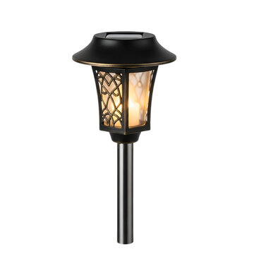Black outdoor solar garden lamp with lattice design isolated on transparent background