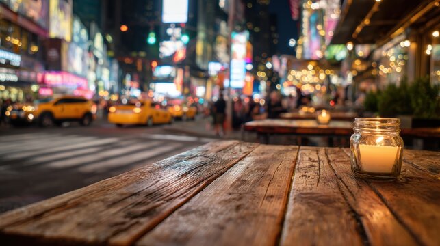Spring Summer outdoor leisure relaxation activity. A nighttime cityscape photograph captures a bustling urban scene. A wooden table with a lit candle sits in the foreground.