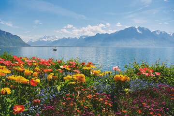 Naklejka premium Colorful spring flowers by Lake Geneva in Montreux Switzerland with alpine mountains and clear blue water, vibrant garden in bloom under sunny sky, peaceful scenic travel landscape