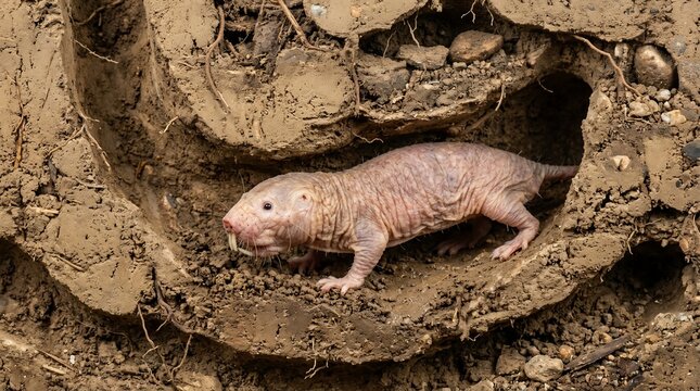 Naked Mole-Rat Emerging from its Underground Burrow in Arid Habitat.