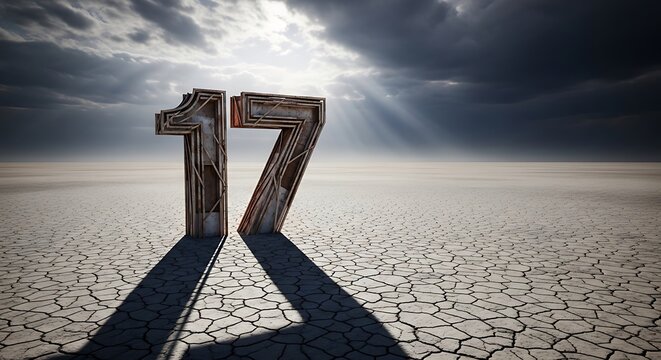 Number seventeen standing in middle of dry cracked desert land under dramatic cloudy sunset sky.