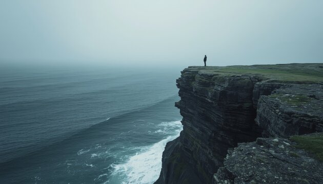 There is a man standing on the edge of a cliff overlooking the ocean