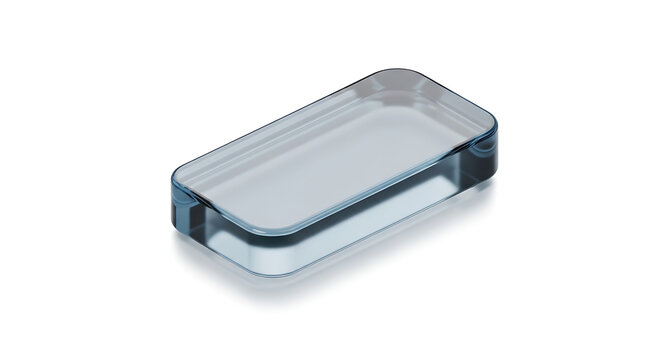 Transparent rectangular prism object with rounded edges and subtle blue tint, isolated on a white background, representing material science or geometric forms