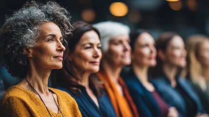Fototapeta premium Female diversity. Human rights, equal opportunity concept. A closeup portrait of a woman with curly gray hair, wearing a mustardyellow sweater, looking upwards with a contemplative expression.