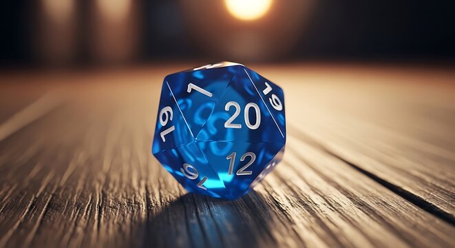 Blue twenty sided polyhedral dice placed on dark wooden table with soft warm bokeh light effect.