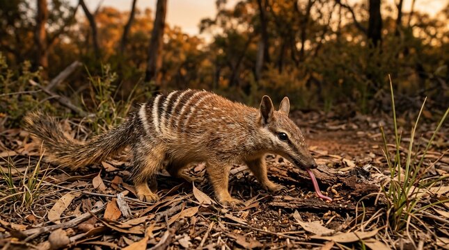 Numbat foraging in dry Australian bushland at sunset, showcasing its unique striped fur and long snout.