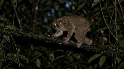 Fototapeta premium Pygmy Slow Loris on a Branch at Night in a Lush Jungle Environment.