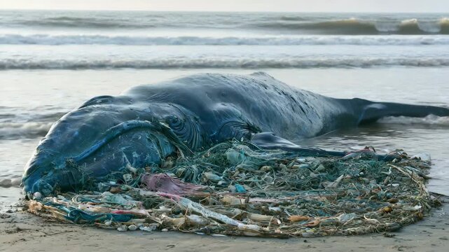 A stranded whale lies on a polluted beach, entangled in plastic waste, highlighting the devastating impact of ocean pollution on marine life. 
