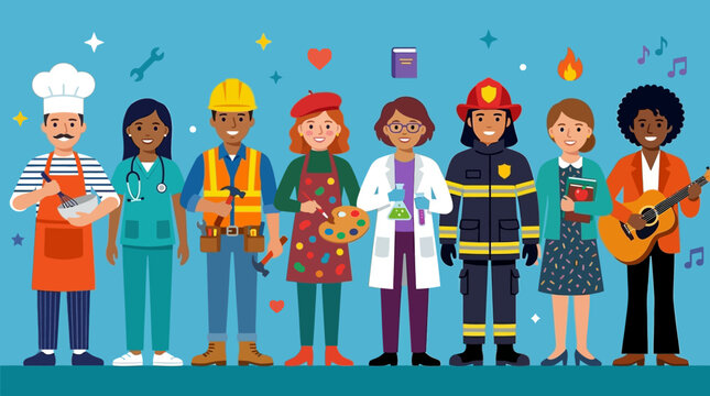 Diverse professionals in various occupations standing together.