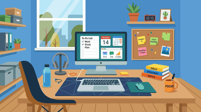 A well-organized home office workspace with computer and decor.
