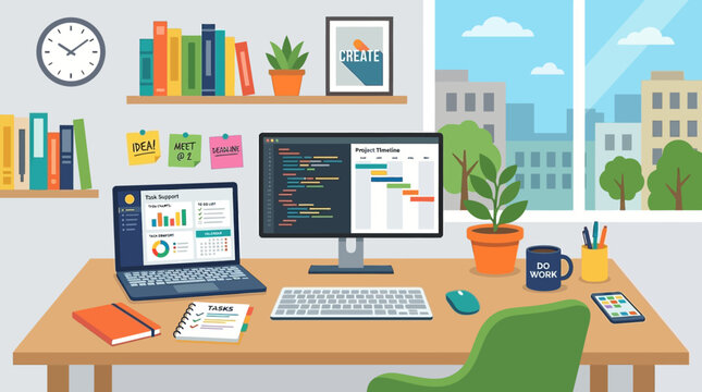 Modern office workspace with computer and city view.