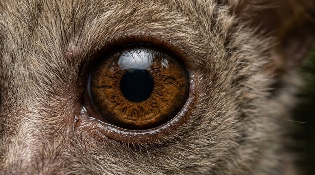 Extreme close up of a primate eye showing detailed iris texture and fur.