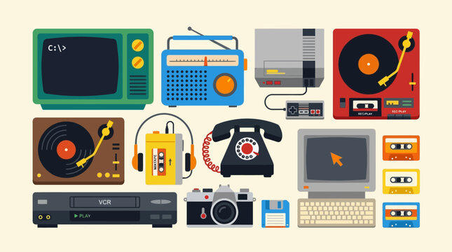 Retro electronic devices and gadgets illustration.
