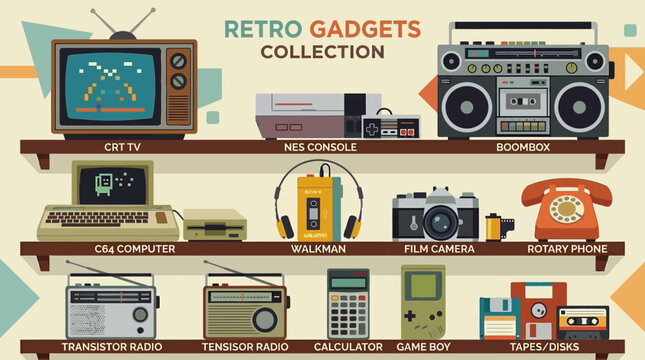 Retro gadgets and vintage electronics collection.